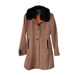 Vintage Marvin Richards Tweed Pea Coat Wool Fur Collar Classic Timeless Size S